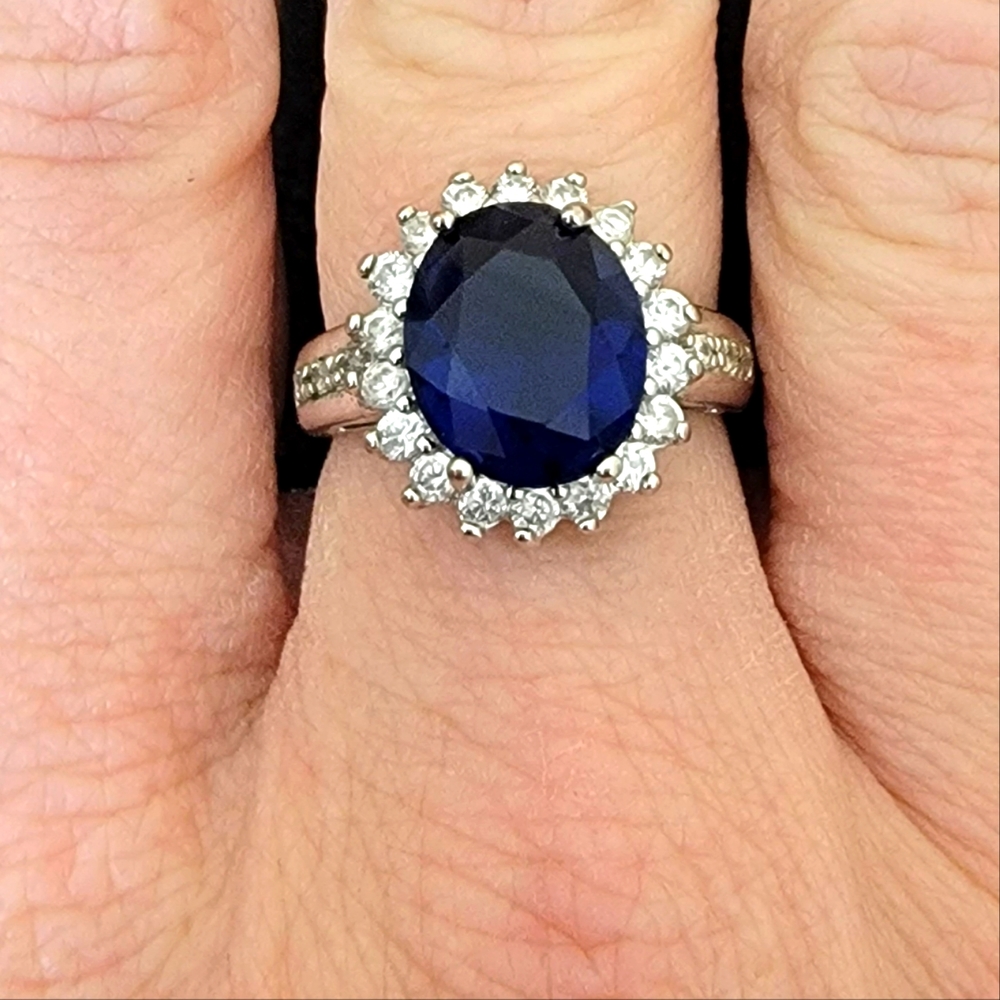 Size 7.5  Oval Saphire and Cubic Zirconia Art Deco Ring
